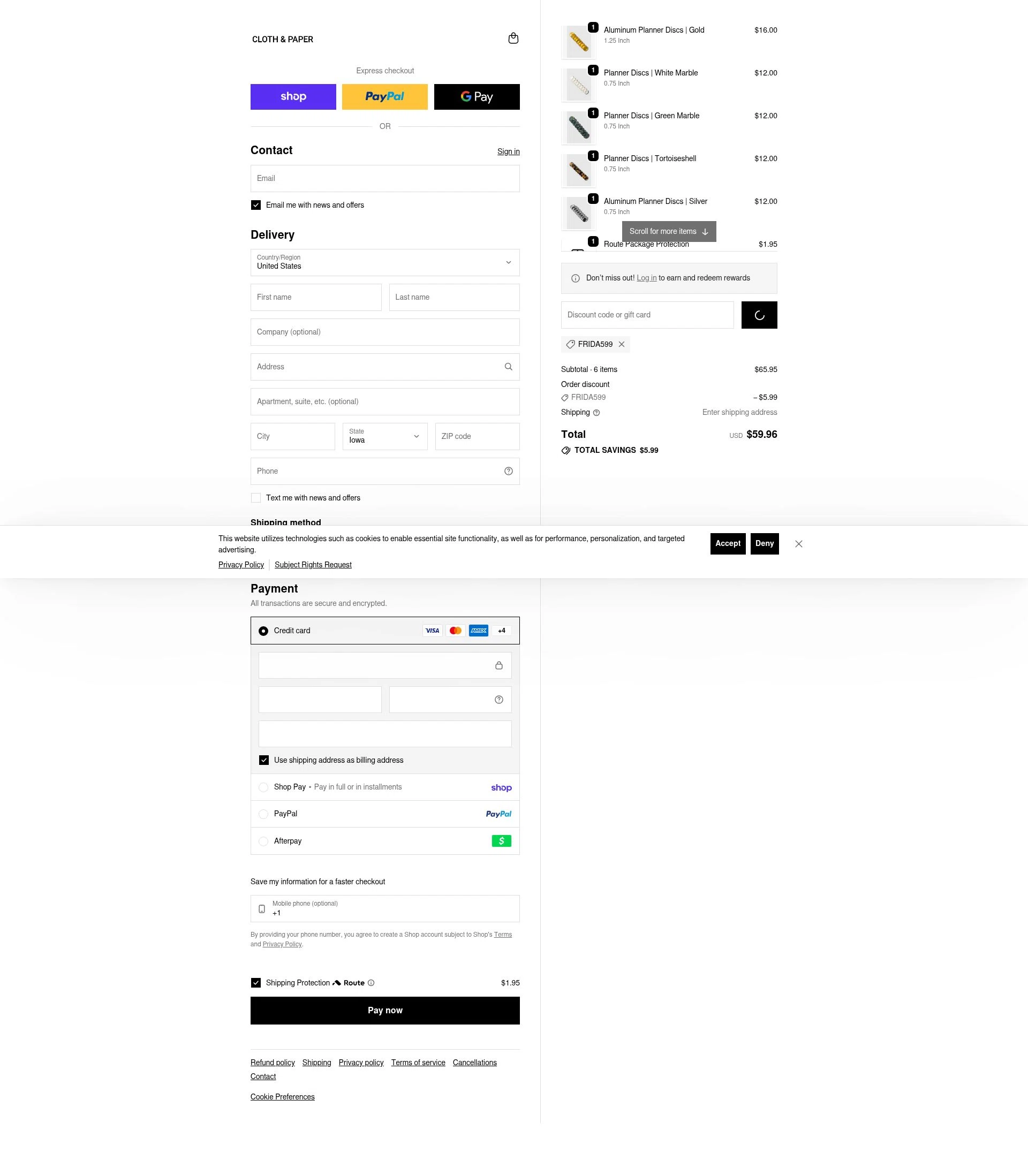 Cloth & Paper checkout page showing Cloth & Paper coupon code box | Screenshot taken by SimplyCodes community member on Feb 7, 2026