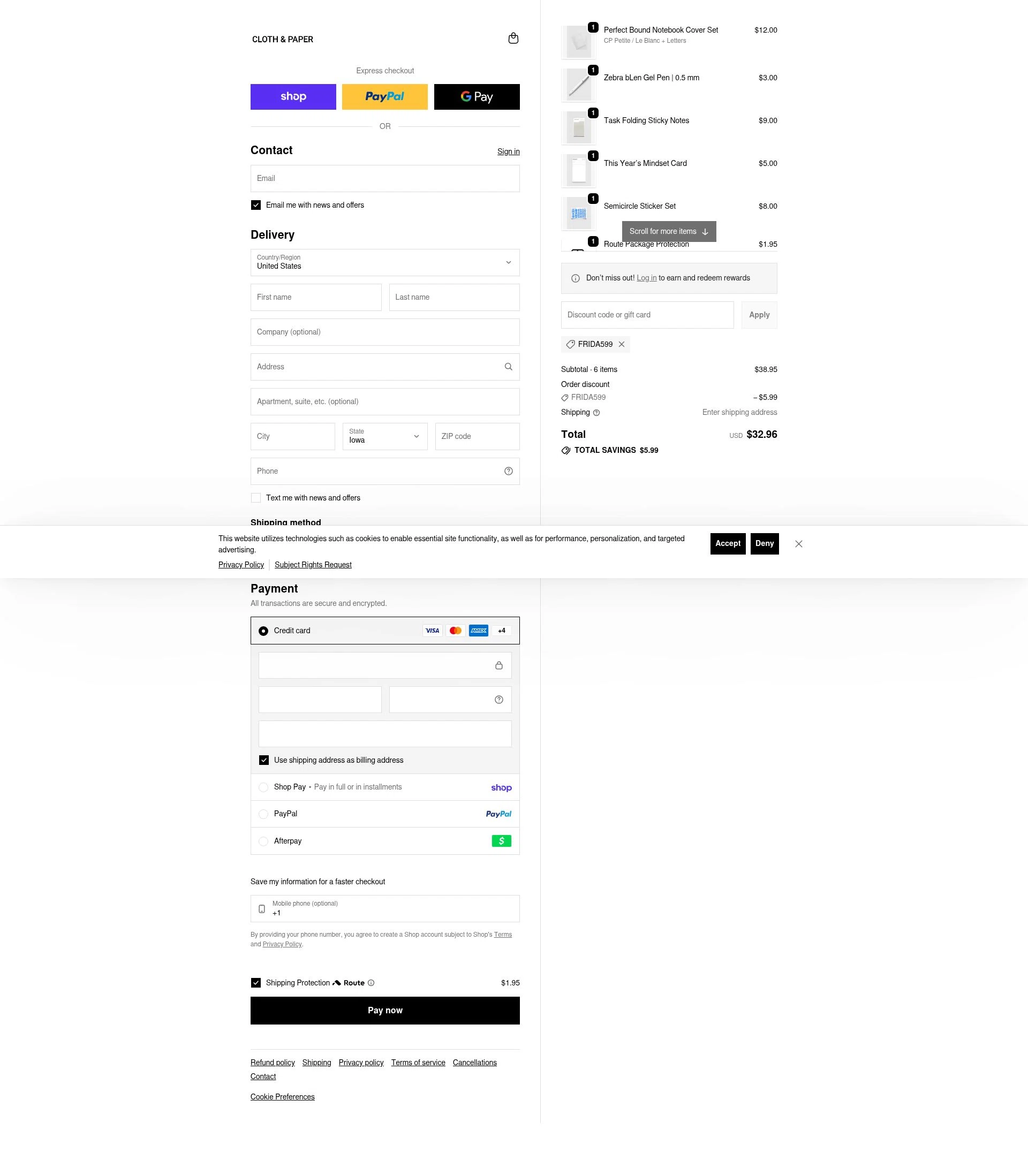 Cloth & Paper checkout page showing Cloth & Paper coupon code box | Screenshot taken by SimplyCodes community member on Feb 2, 2026
