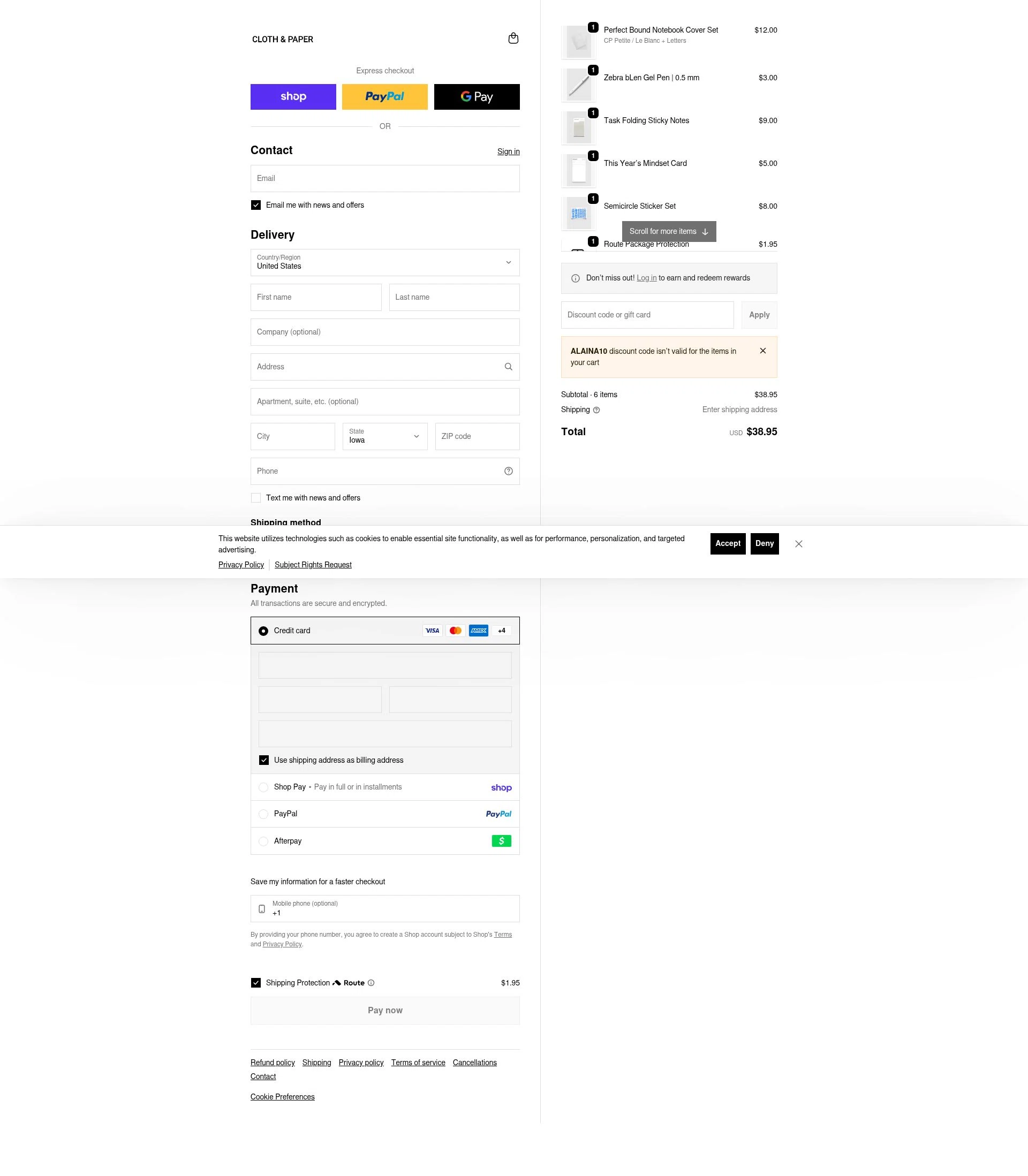 Cloth & Paper checkout page showing Cloth & Paper coupon code box | Screenshot taken by SimplyCodes community member on Feb 2, 2026