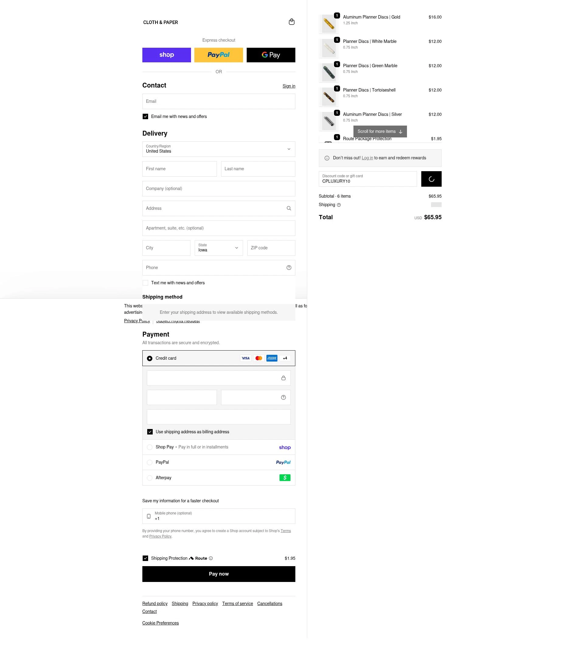 Cloth & Paper checkout page showing Cloth & Paper coupon code box | Screenshot taken by SimplyCodes community member on Feb 7, 2026