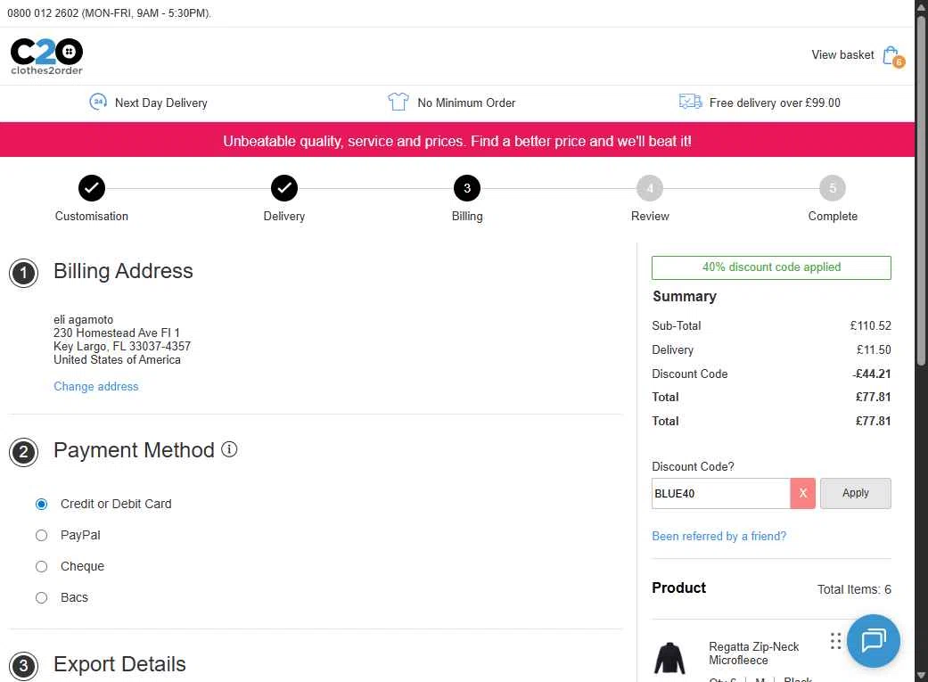Clothes2Order checkout page showing Clothes2Order discount code box | Screenshot taken by SimplyCodes community member on Nov 17, 2025