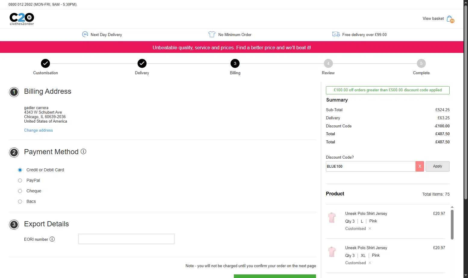 Clothes2Order checkout page showing Clothes2Order discount code box | Screenshot taken by SimplyCodes community member on Nov 17, 2025