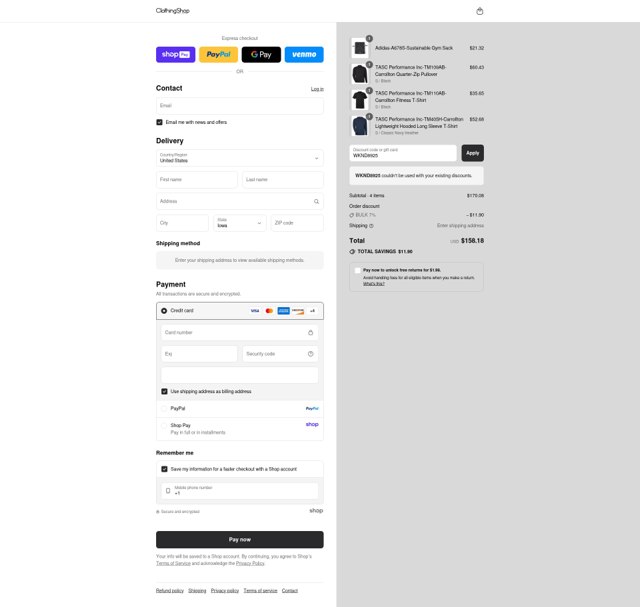 Clothing Shop Online checkout page showing Clothing Shop Online discount code box | Screenshot taken by SimplyCodes community member on Aug 25, 2025