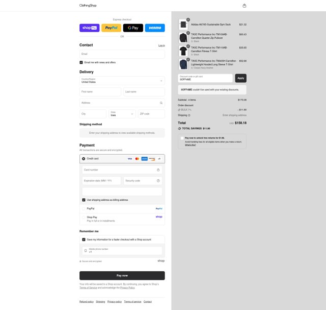 Clothing Shop Online checkout page showing Clothing Shop Online discount code box | Screenshot taken by SimplyCodes community member on Aug 25, 2025