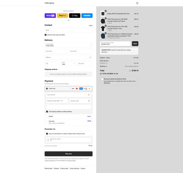 Clothing Shop Online checkout page showing Clothing Shop Online discount code box | Screenshot taken by SimplyCodes community member on Aug 25, 2025