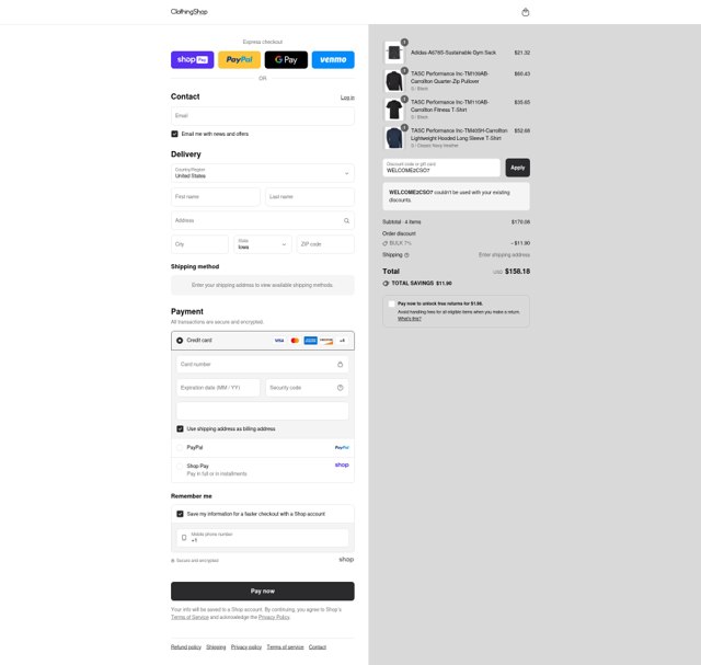 Clothing Shop Online checkout page showing Clothing Shop Online discount code box | Screenshot taken by SimplyCodes community member on Aug 25, 2025