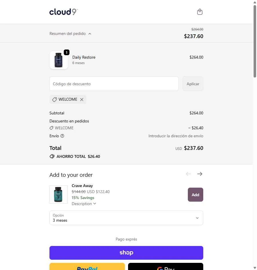 Cloud9 Daily Restore checkout page showing Cloud9 Daily Restore promo code box | Screenshot taken by SimplyCodes community member on Jan 5, 2026