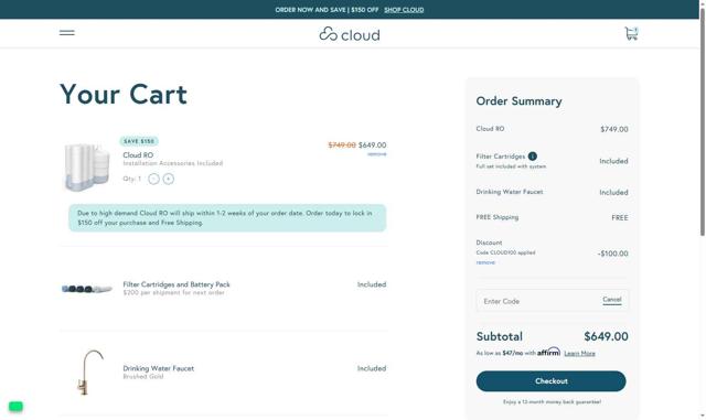 Cloud Water Filters checkout page showing Cloud Water Filters promo code box | Screenshot taken by SimplyCodes community member on Sep 1, 2025