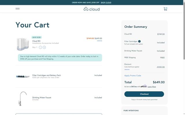 Cloud Water Filters checkout page showing Cloud Water Filters promo code box | Screenshot taken by SimplyCodes community member on Sep 7, 2025