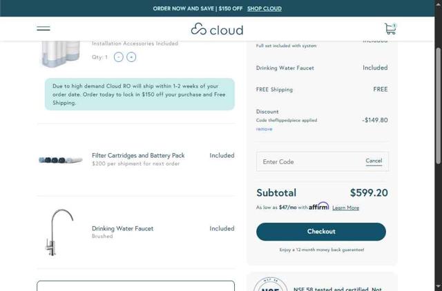 Cloud Water Filters checkout page showing Cloud Water Filters promo code box | Screenshot taken by SimplyCodes community member on Sep 1, 2025