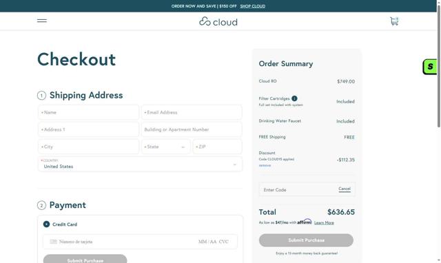 Cloud Water Filters checkout page showing Cloud Water Filters promo code box | Screenshot taken by SimplyCodes community member on Sep 9, 2025