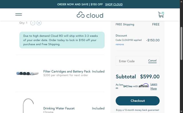 Cloud Water Filters checkout page showing Cloud Water Filters promo code box | Screenshot taken by SimplyCodes community member on Aug 27, 2025