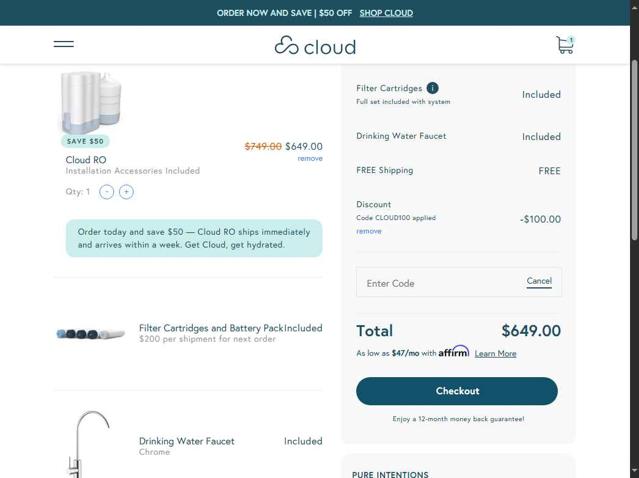 Cloud Water Filters checkout page showing Cloud Water Filters promo code box | Screenshot taken by SimplyCodes community member on Sep 30, 2025