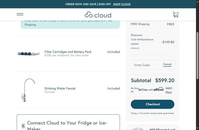 Cloud Water Filters checkout page showing Cloud Water Filters promo code box | Screenshot taken by SimplyCodes community member on Aug 23, 2025