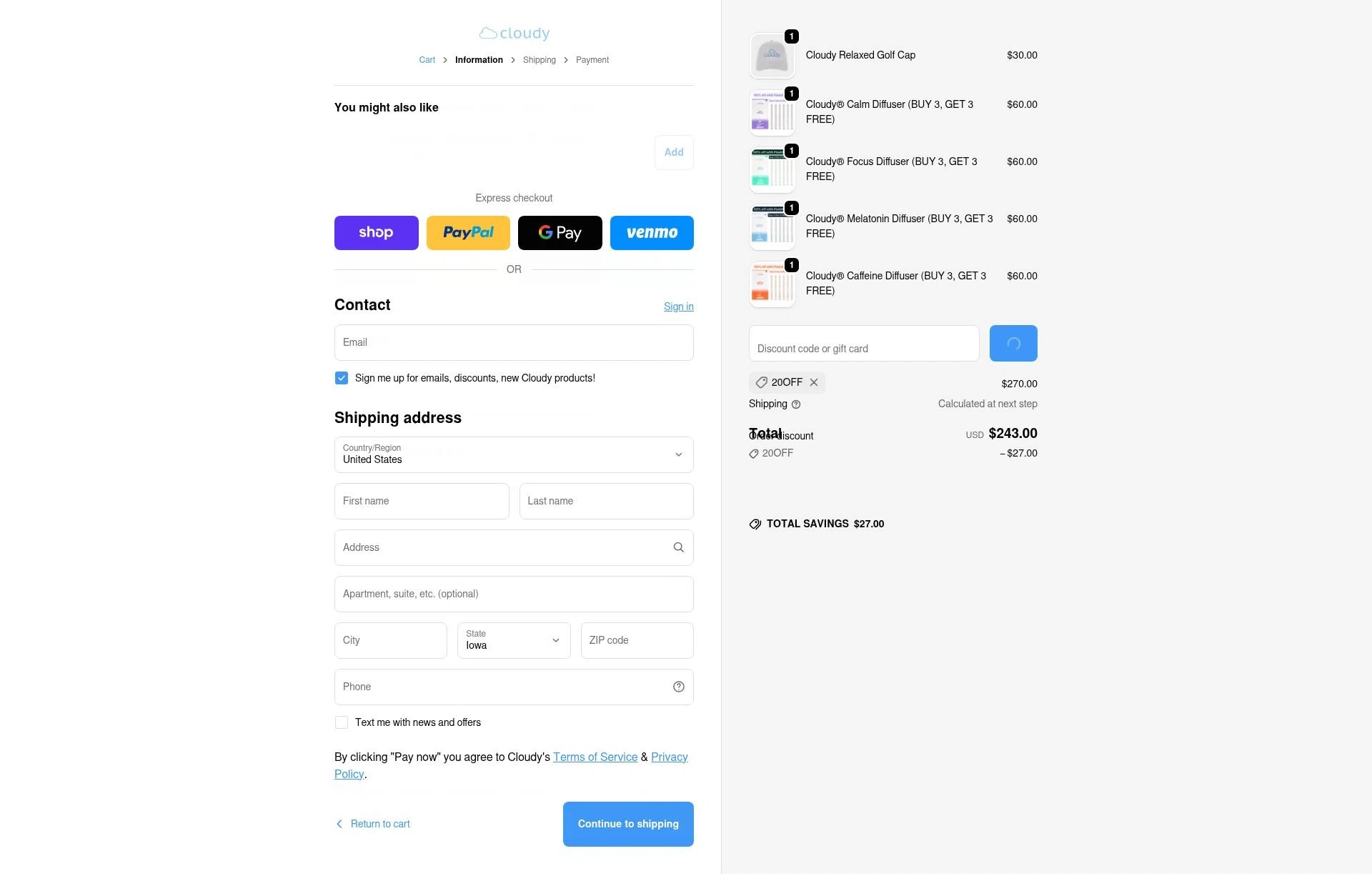 Cloudy checkout page showing Cloudy discount code box | Screenshot taken by SimplyCodes community member on Feb 22, 2026