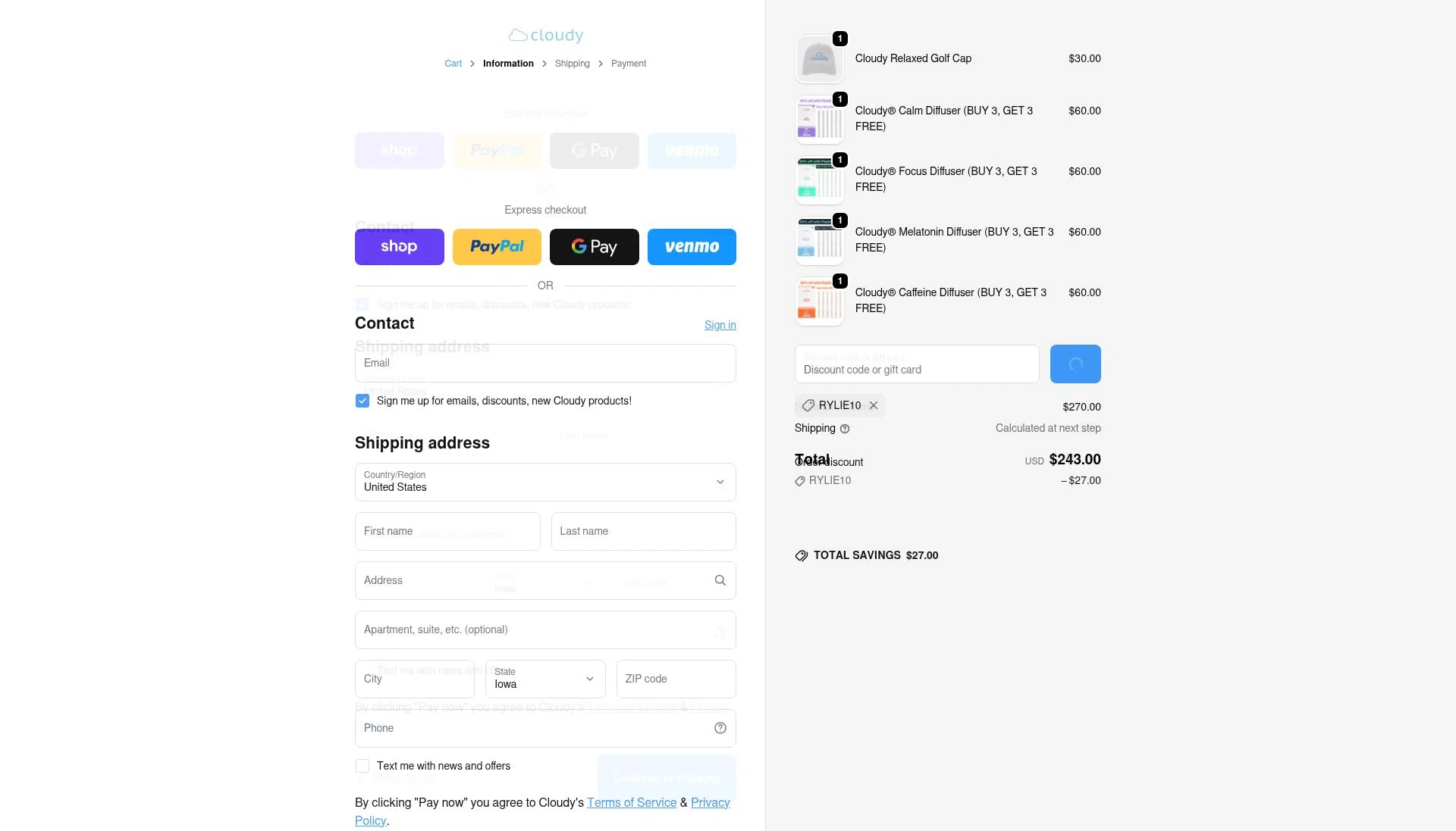 Cloudy checkout page showing Cloudy discount code box | Screenshot taken by SimplyCodes community member on Feb 22, 2026