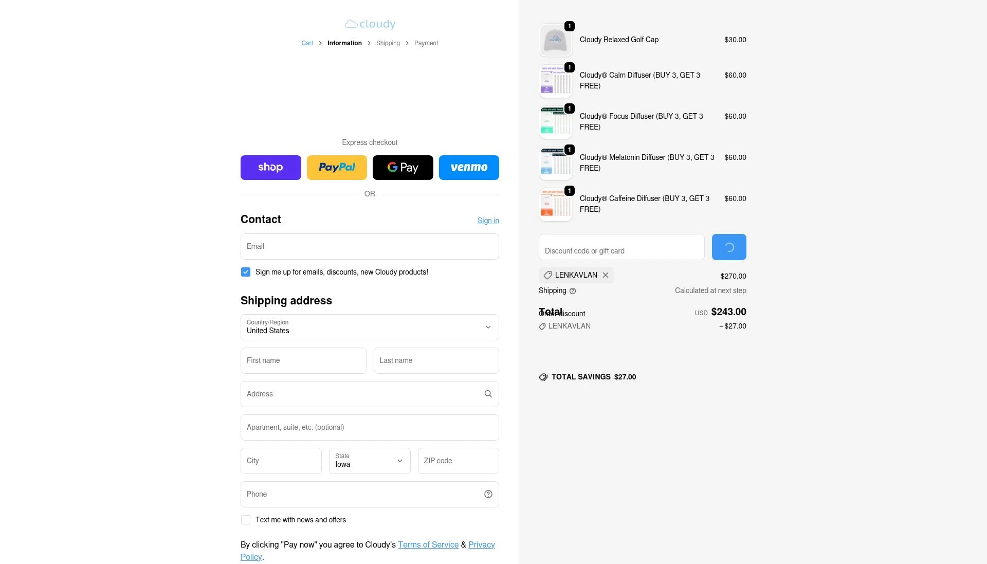 Cloudy checkout page showing Cloudy discount code box | Screenshot taken by SimplyCodes community member on Feb 22, 2026