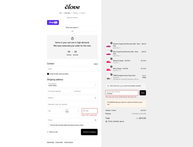 Clove checkout page showing Clove discount code box | Screenshot taken by SimplyCodes community member on Aug 23, 2025