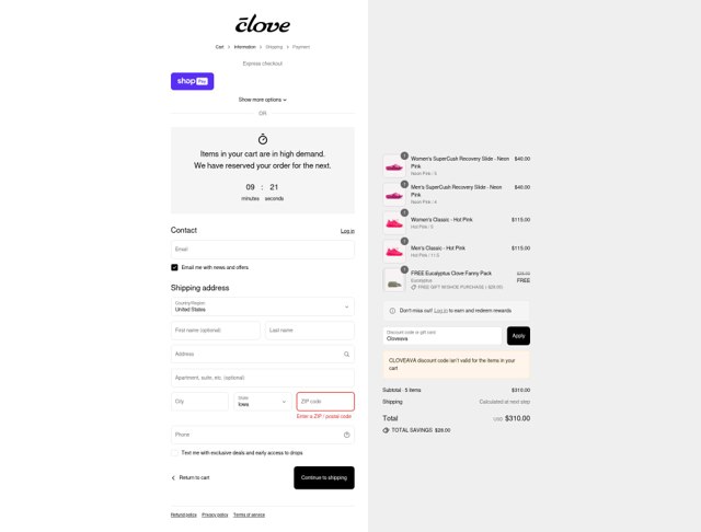 Clove checkout page showing Clove discount code box | Screenshot taken by SimplyCodes community member on Aug 23, 2025