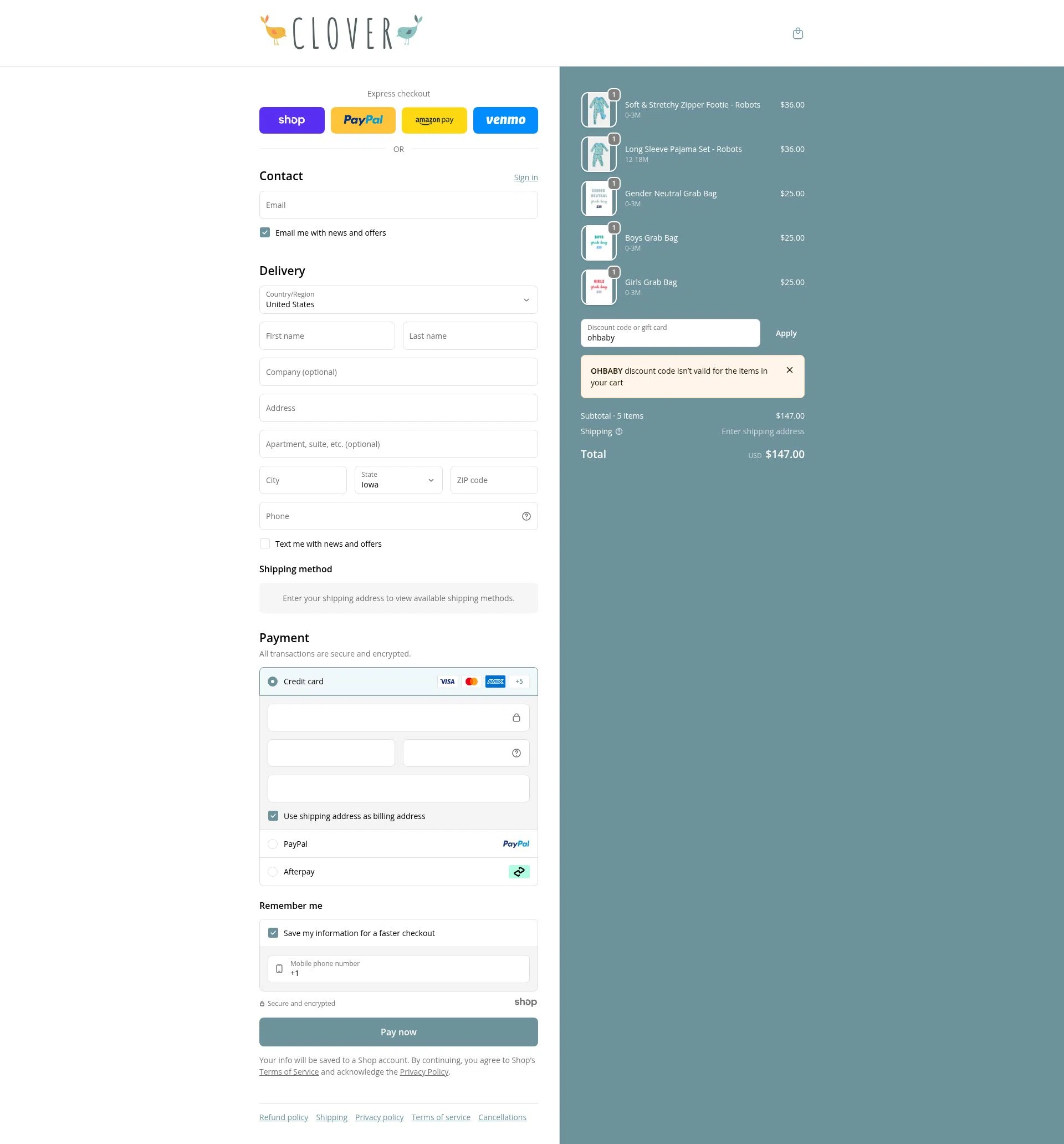 Clover Baby & Kids checkout page showing Clover Baby & Kids promo code box | Screenshot taken by SimplyCodes community member on Dec 11, 2025