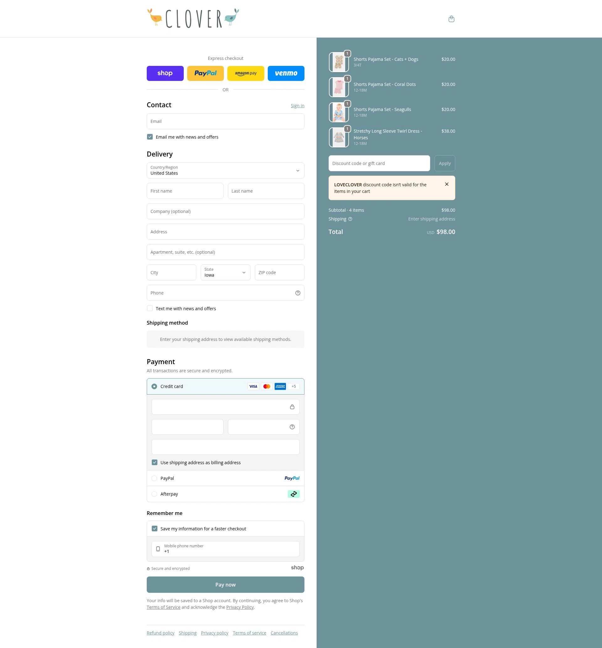 Clover Baby & Kids checkout page showing Clover Baby & Kids promo code box | Screenshot taken by SimplyCodes community member on Dec 24, 2025