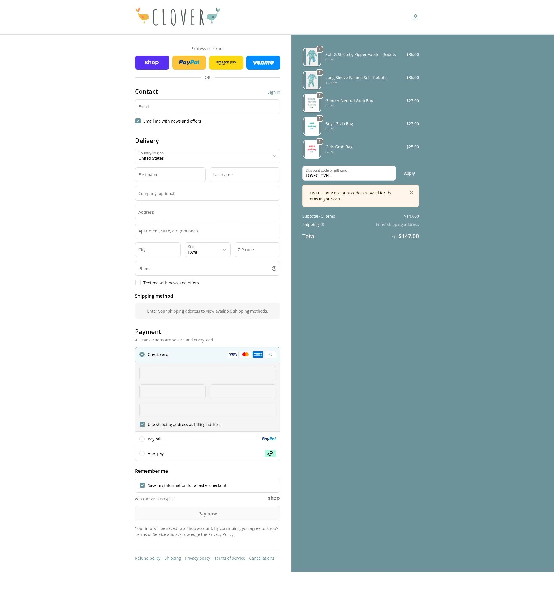 Clover Baby & Kids checkout page showing Clover Baby & Kids promo code box | Screenshot taken by SimplyCodes community member on Dec 11, 2025