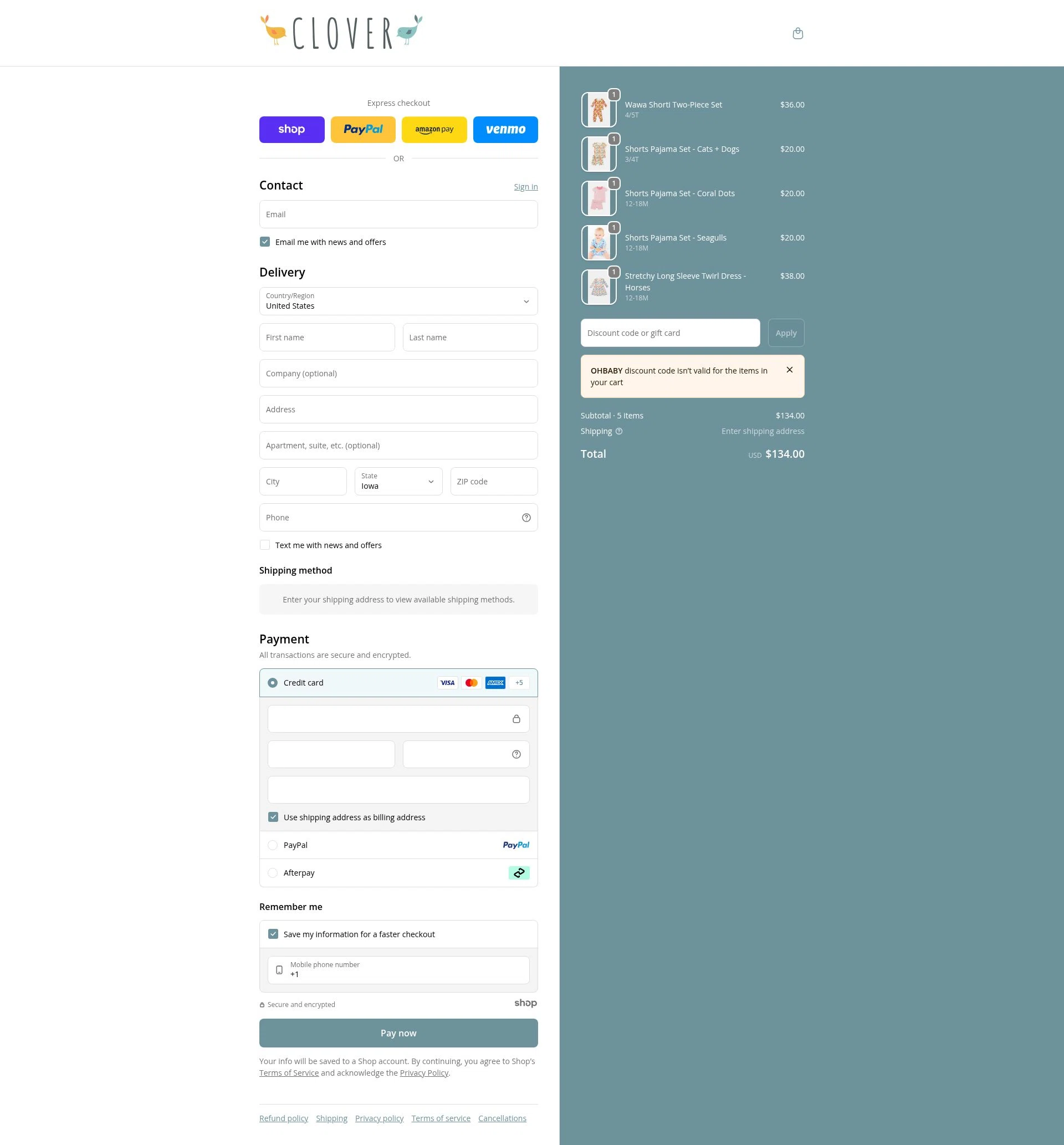 Clover Baby & Kids checkout page showing Clover Baby & Kids promo code box | Screenshot taken by SimplyCodes community member on Dec 17, 2025