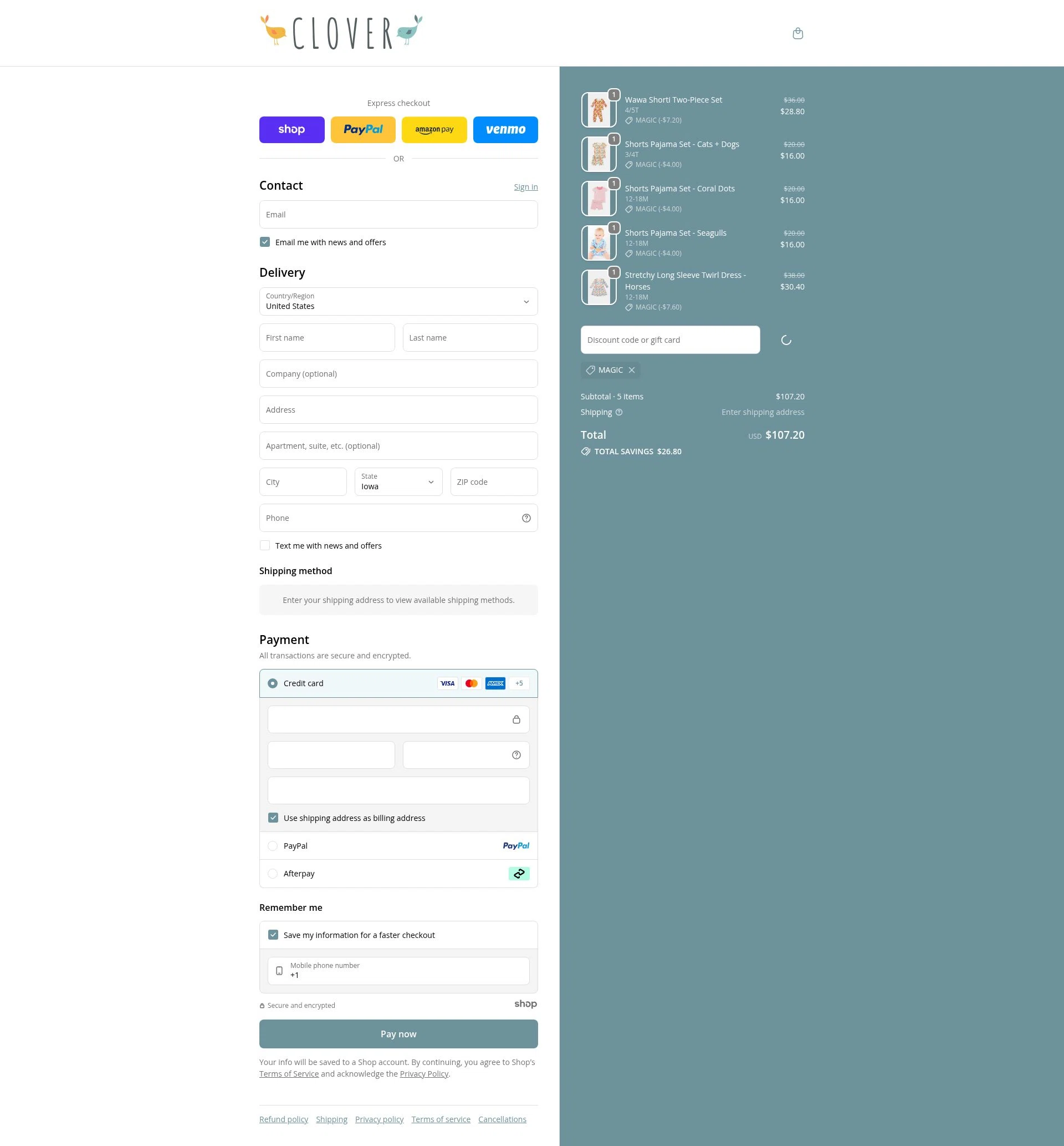 Clover Baby & Kids checkout page showing Clover Baby & Kids promo code box | Screenshot taken by SimplyCodes community member on Dec 17, 2025
