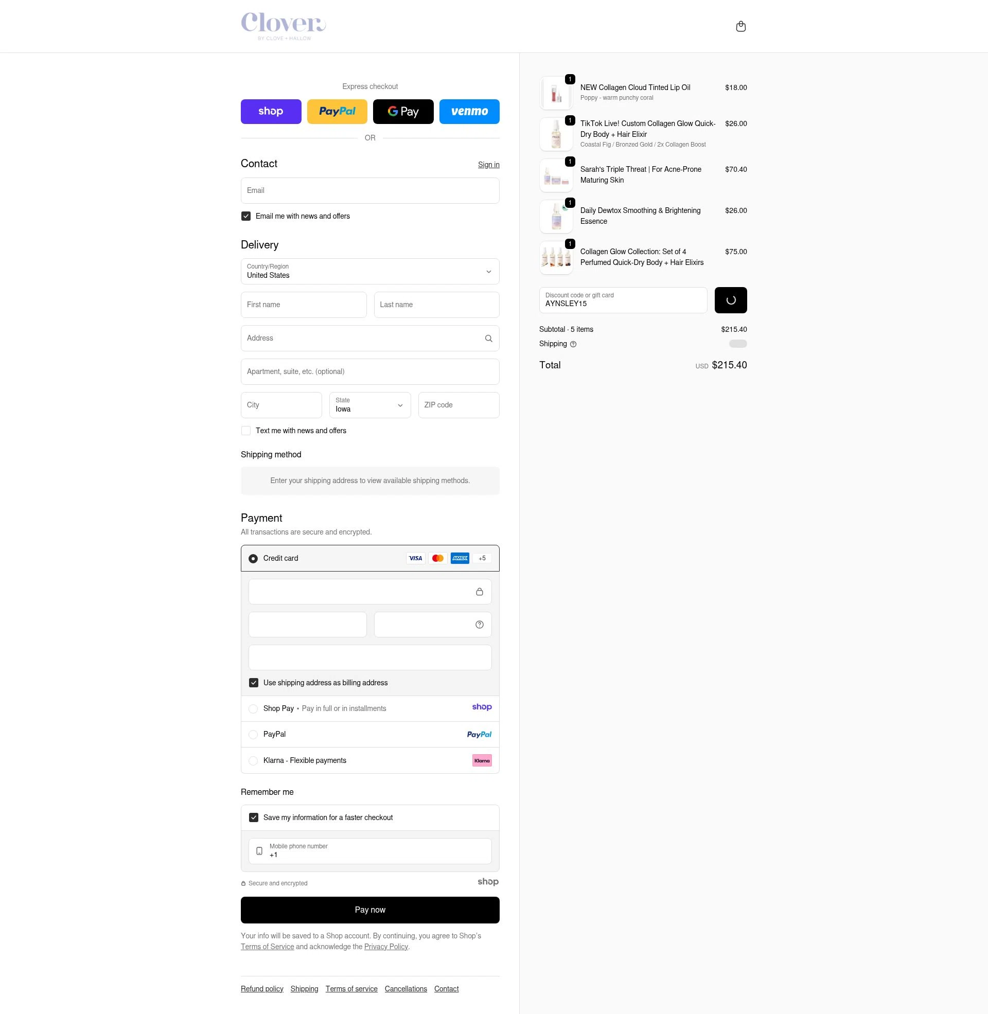 Clover by CLOVE + HALLOW checkout page showing Clover by CLOVE + HALLOW promo code box | Screenshot taken by SimplyCodes community member on Jan 6, 2026