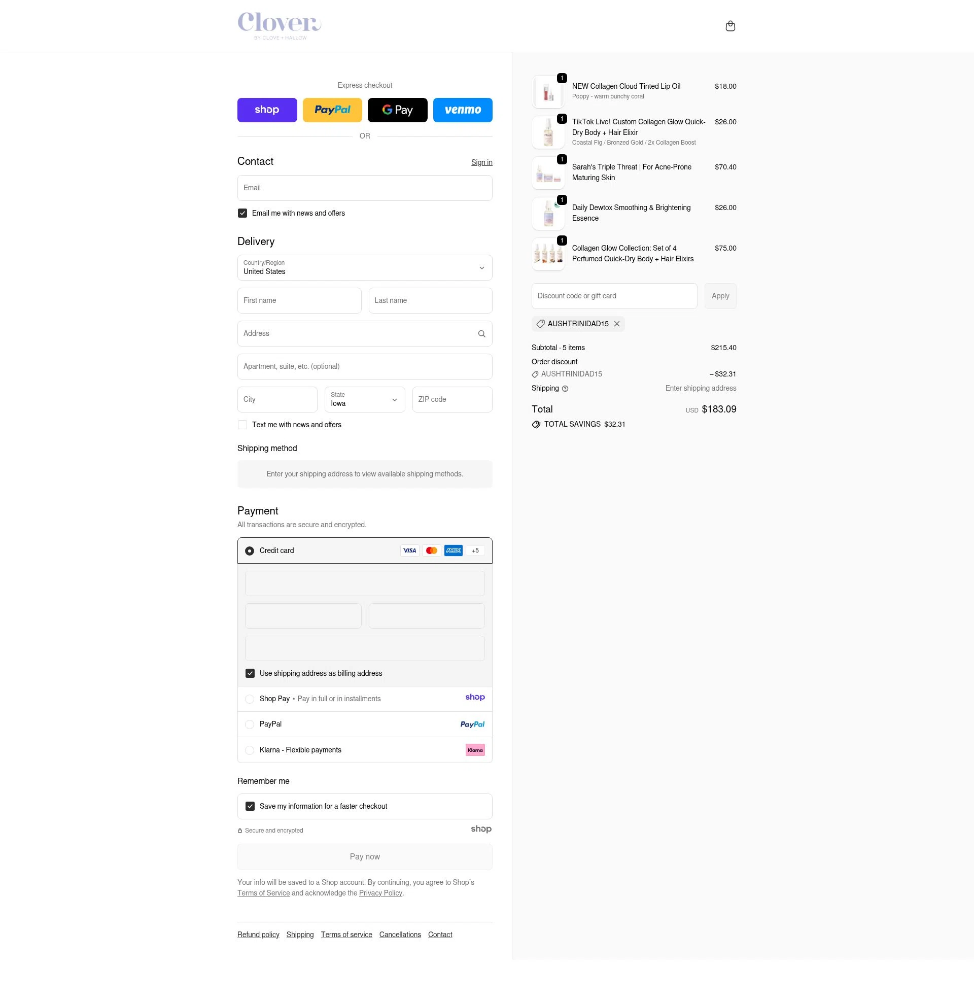 Clover by CLOVE + HALLOW checkout page showing Clover by CLOVE + HALLOW promo code box | Screenshot taken by SimplyCodes community member on Jan 6, 2026