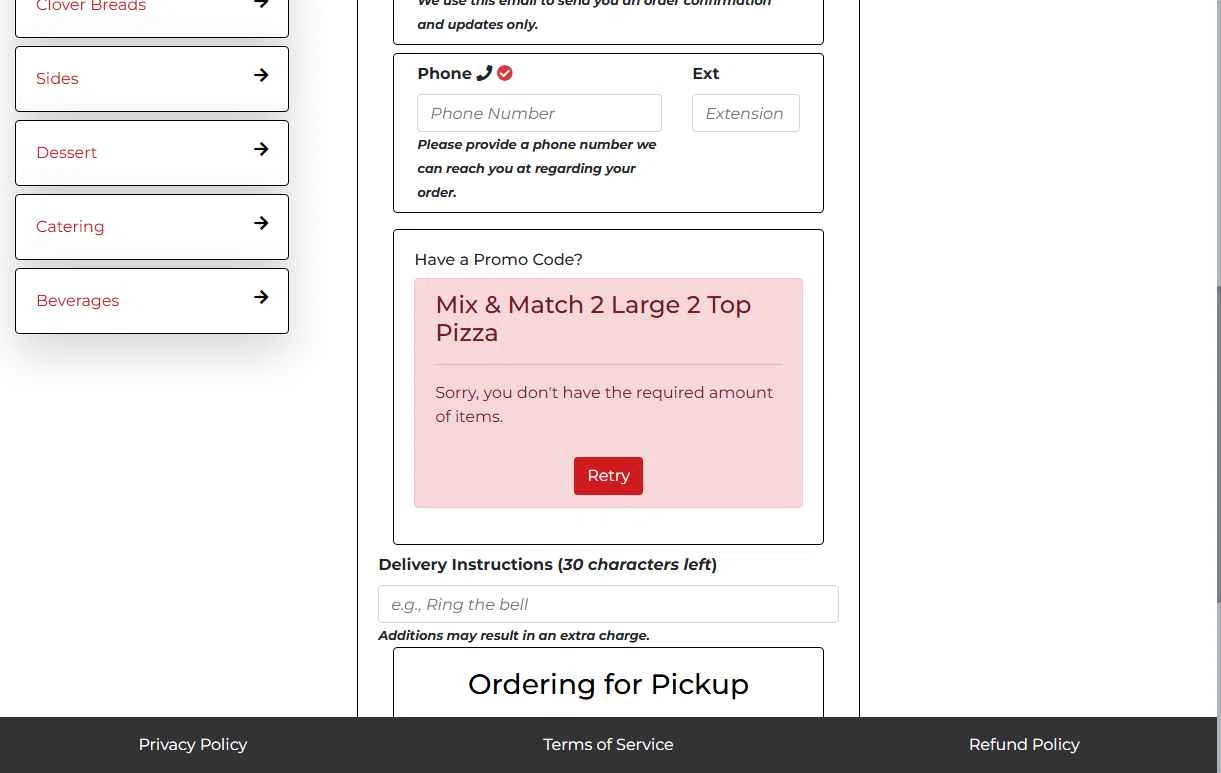 Cloverleaf Pizza checkout page showing Cloverleaf Pizza coupon code box | Screenshot taken by SimplyCodes community member on Jan 8, 2026