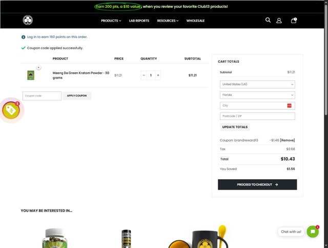 Club13 checkout page showing Club13 coupon code box | Screenshot taken by SimplyCodes community member on Aug 19, 2025