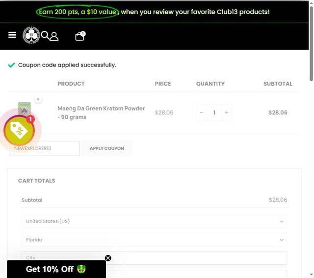 Club13 checkout page showing Club13 coupon code box | Screenshot taken by SimplyCodes community member on Jul 15, 2025