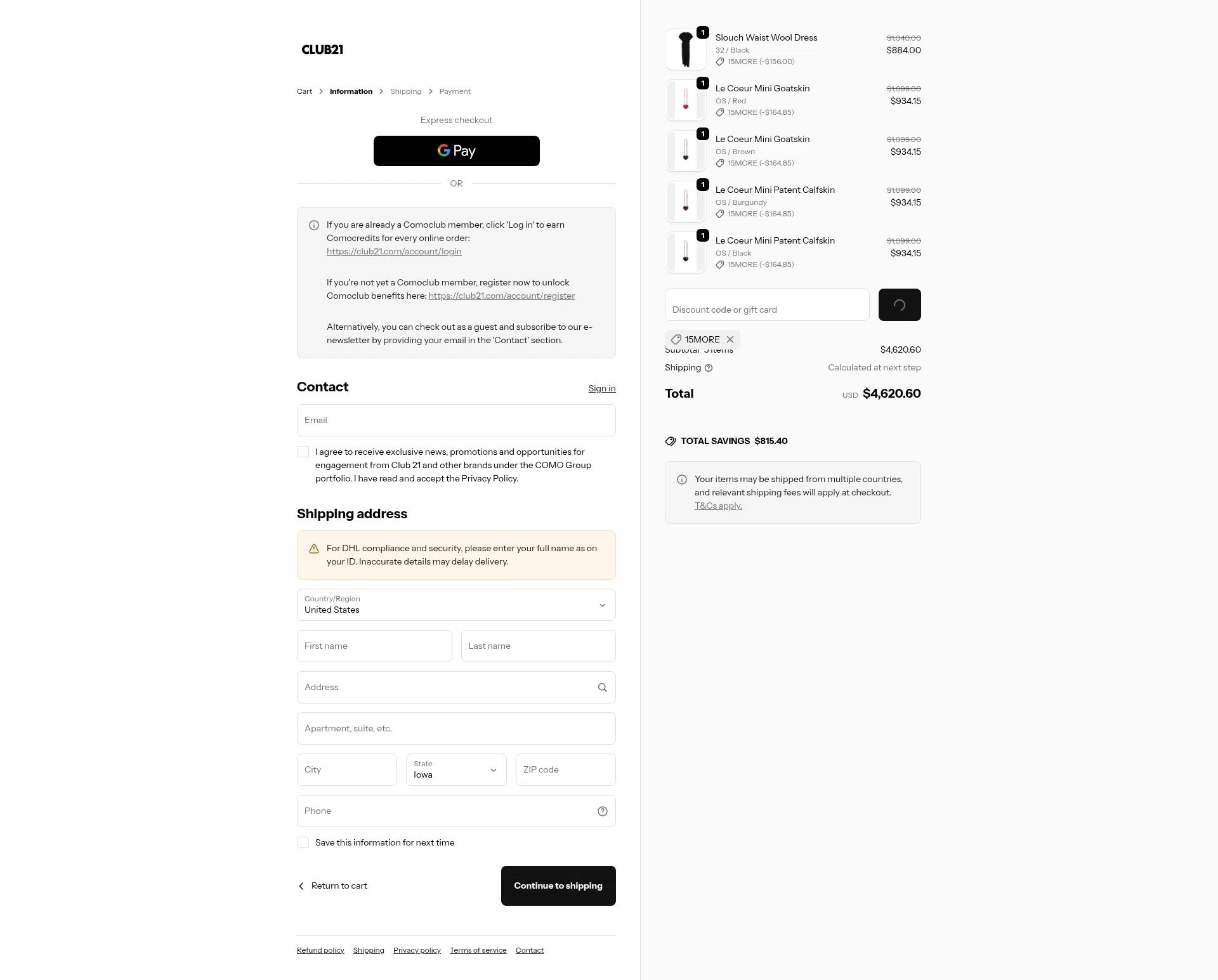 Club21 checkout page showing Club21 promo code box | Screenshot taken by SimplyCodes community member on Jan 27, 2026