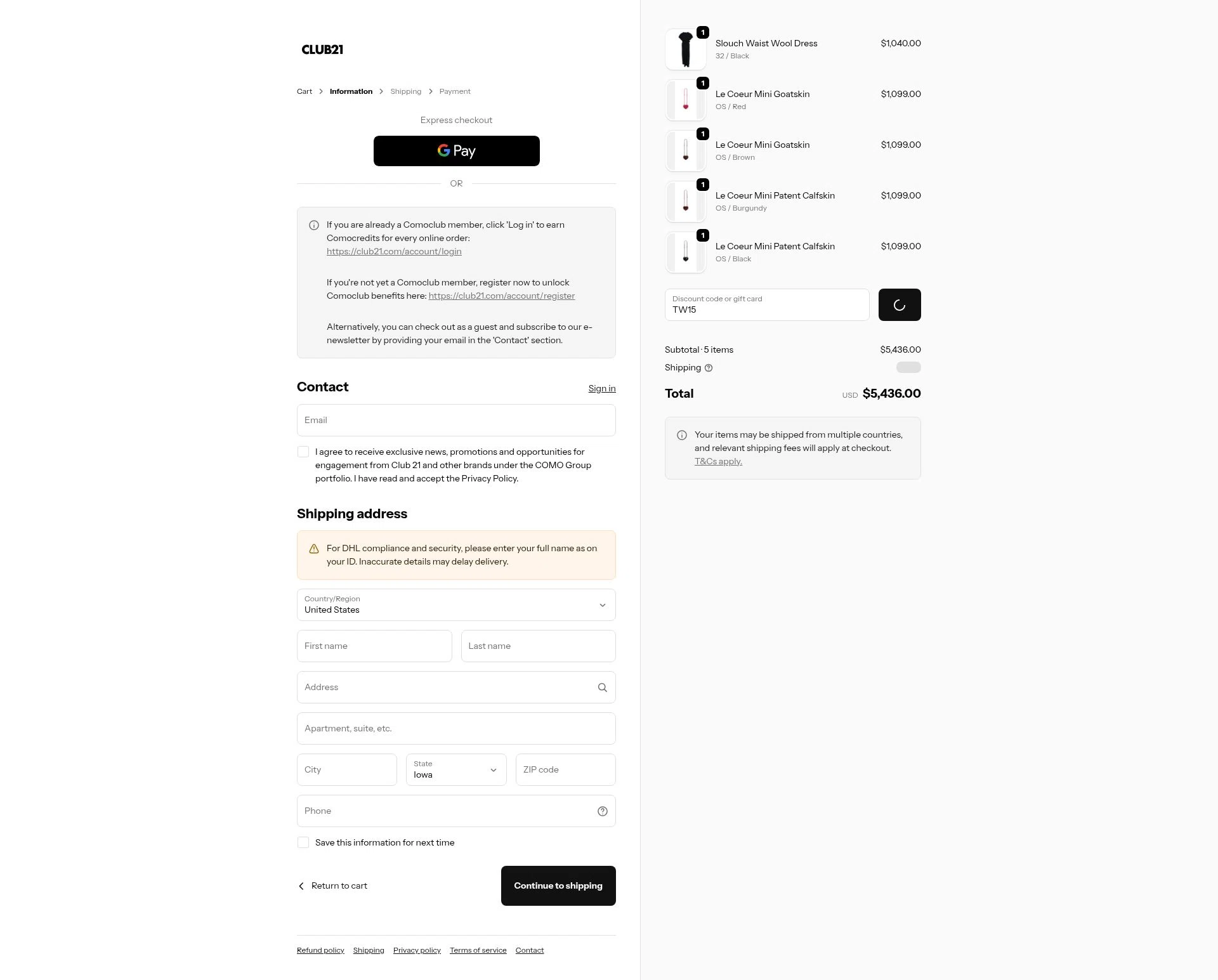 Club21 checkout page showing Club21 promo code box | Screenshot taken by SimplyCodes community member on Jan 27, 2026