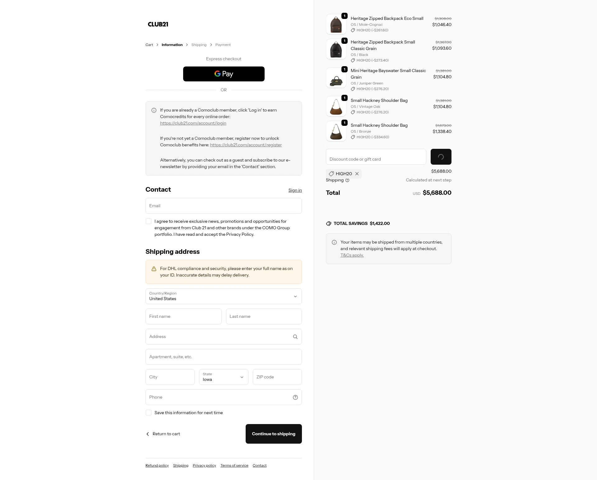 Club21 checkout page showing Club21 promo code box | Screenshot taken by SimplyCodes community member on Dec 28, 2025