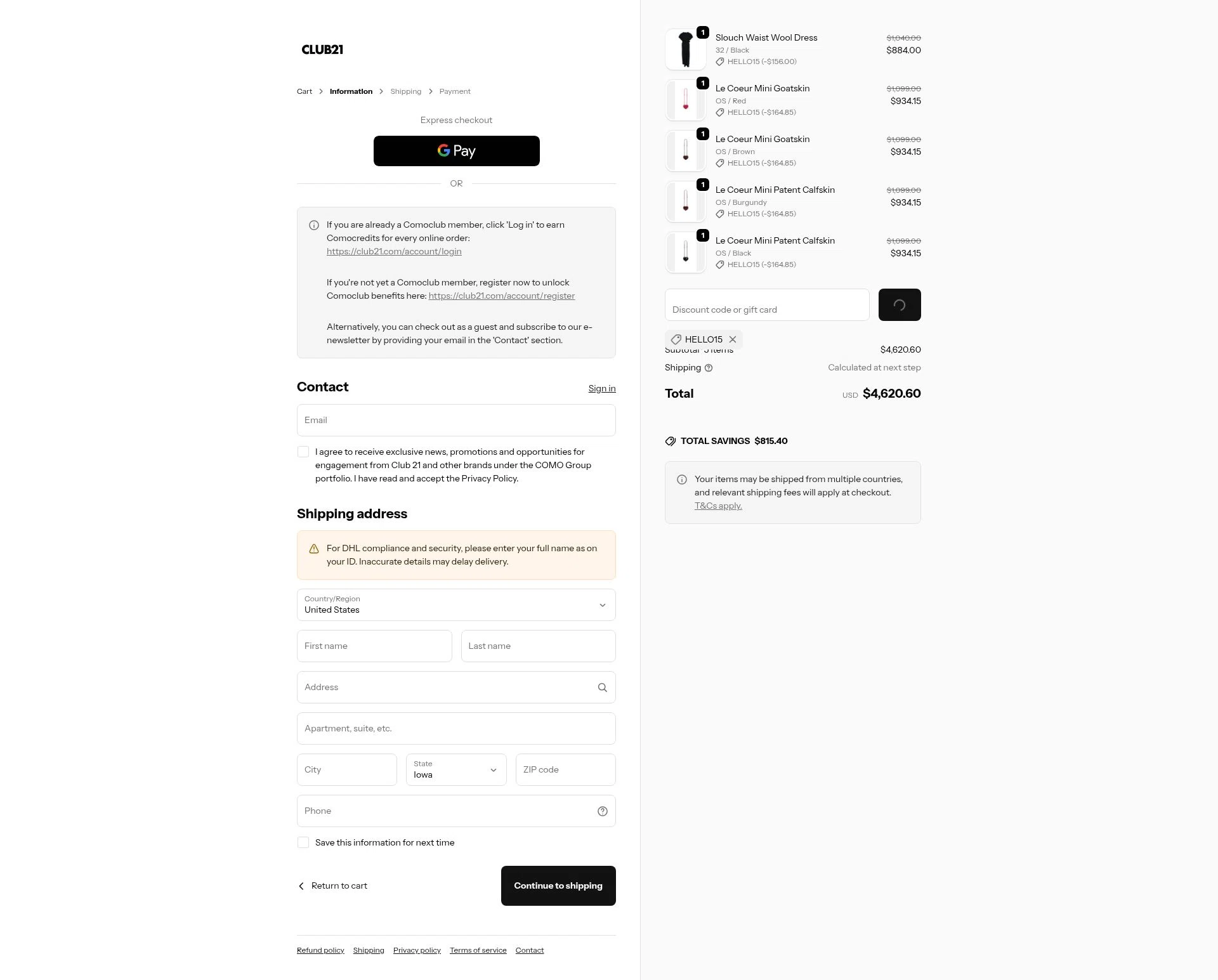 Club21 checkout page showing Club21 promo code box | Screenshot taken by SimplyCodes community member on Jan 27, 2026