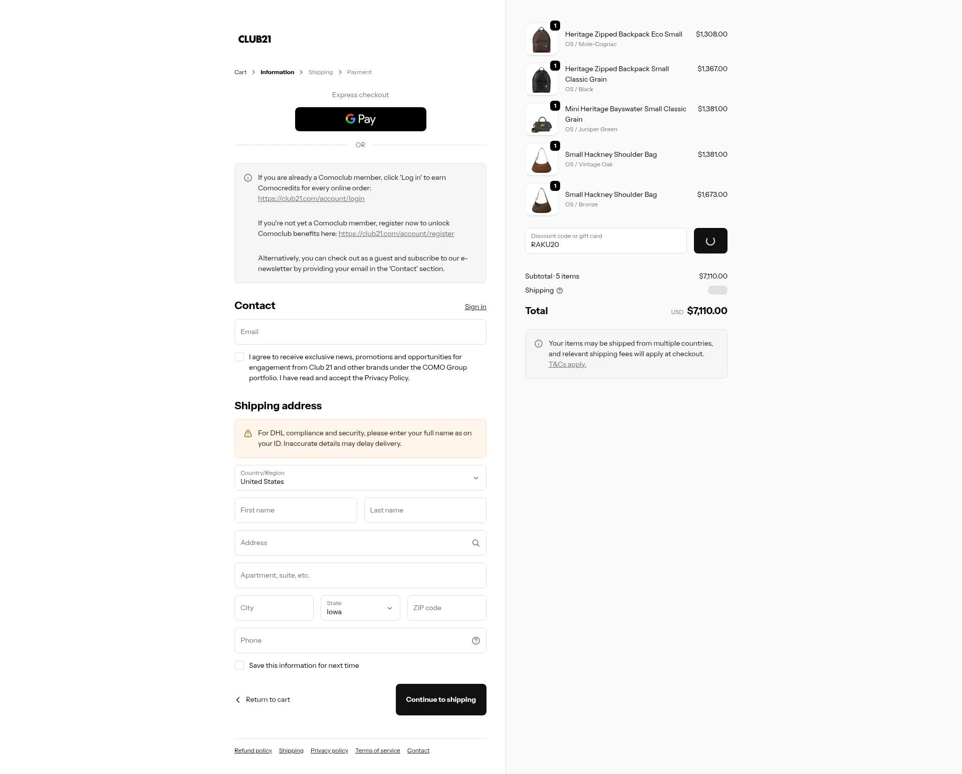 Club21 checkout page showing Club21 promo code box | Screenshot taken by SimplyCodes community member on Dec 28, 2025