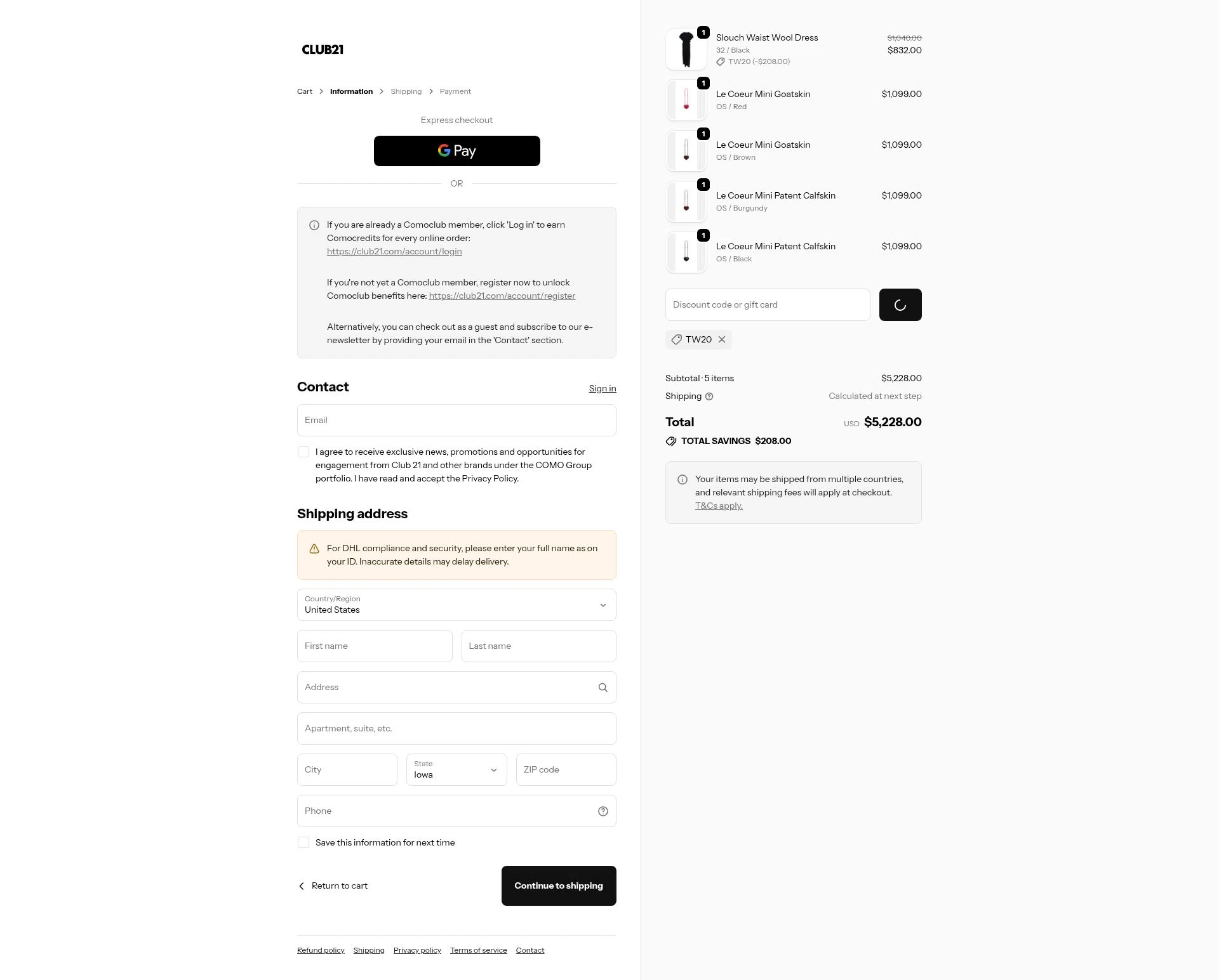 Club21 checkout page showing Club21 promo code box | Screenshot taken by SimplyCodes community member on Jan 27, 2026