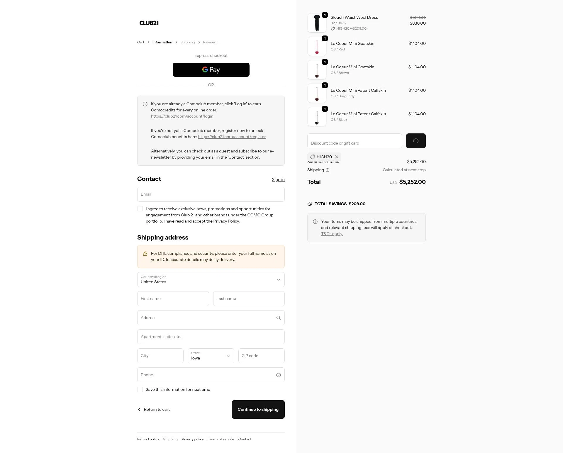 Club21 checkout page showing Club21 promo code box | Screenshot taken by SimplyCodes community member on Feb 18, 2026