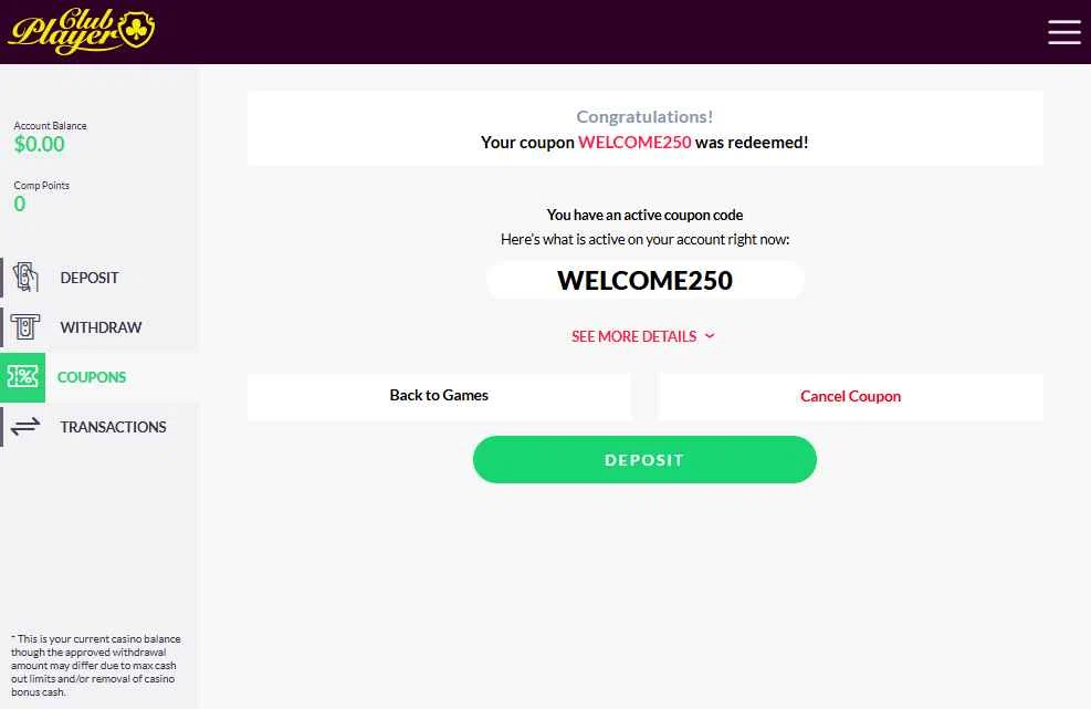Club Player Casino checkout page showing Club Player Casino coupon code box | Screenshot taken by SimplyCodes community member on Jul 6, 2025
