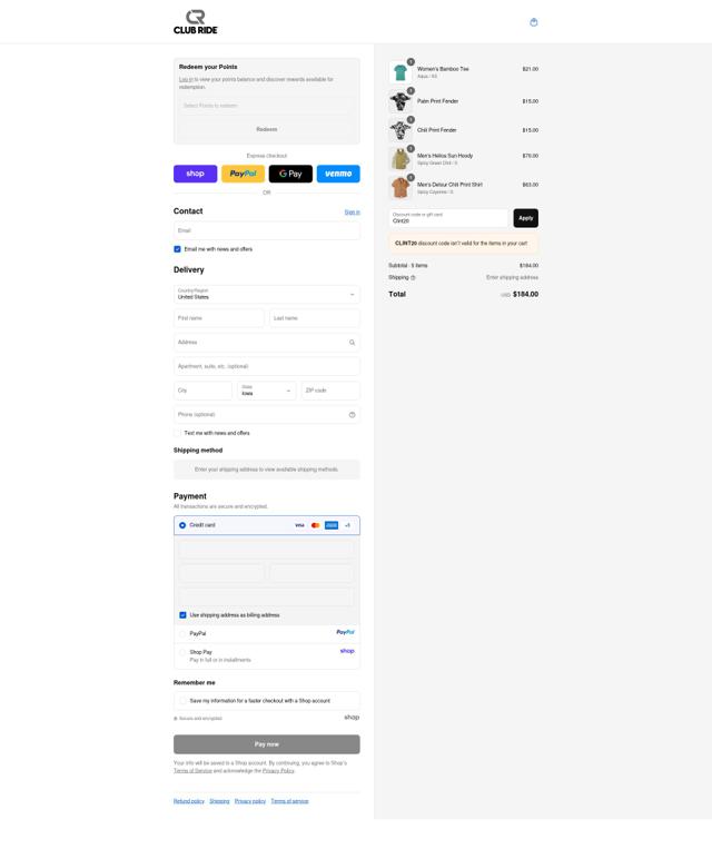 Club Ride Apparel checkout page showing Club Ride Apparel discount code box | Screenshot taken by SimplyCodes community member on Sep 10, 2025