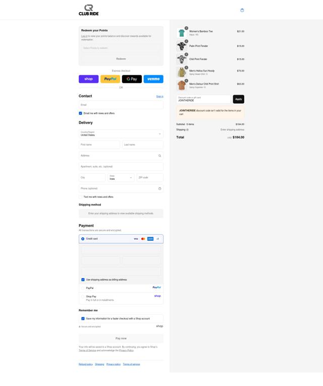 Club Ride Apparel checkout page showing Club Ride Apparel discount code box | Screenshot taken by SimplyCodes community member on Sep 15, 2025