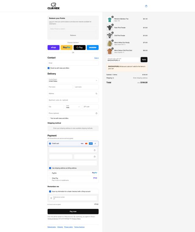 Club Ride Apparel checkout page showing Club Ride Apparel discount code box | Screenshot taken by SimplyCodes community member on Sep 10, 2025