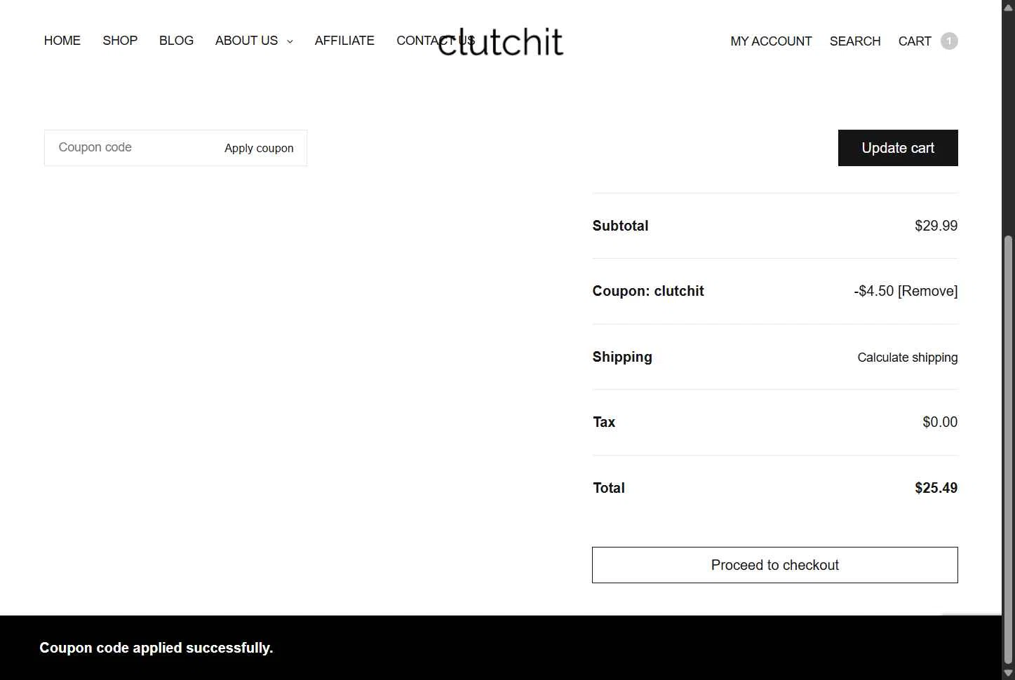 ClutchIt checkout page showing ClutchIt promo code box | Screenshot taken by SimplyCodes community member on Jul 1, 2025