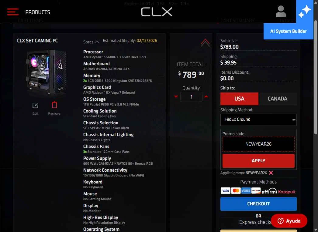 CLX Gaming checkout page showing CLX Gaming promo code box | Screenshot taken by SimplyCodes community member on Jan 30, 2026