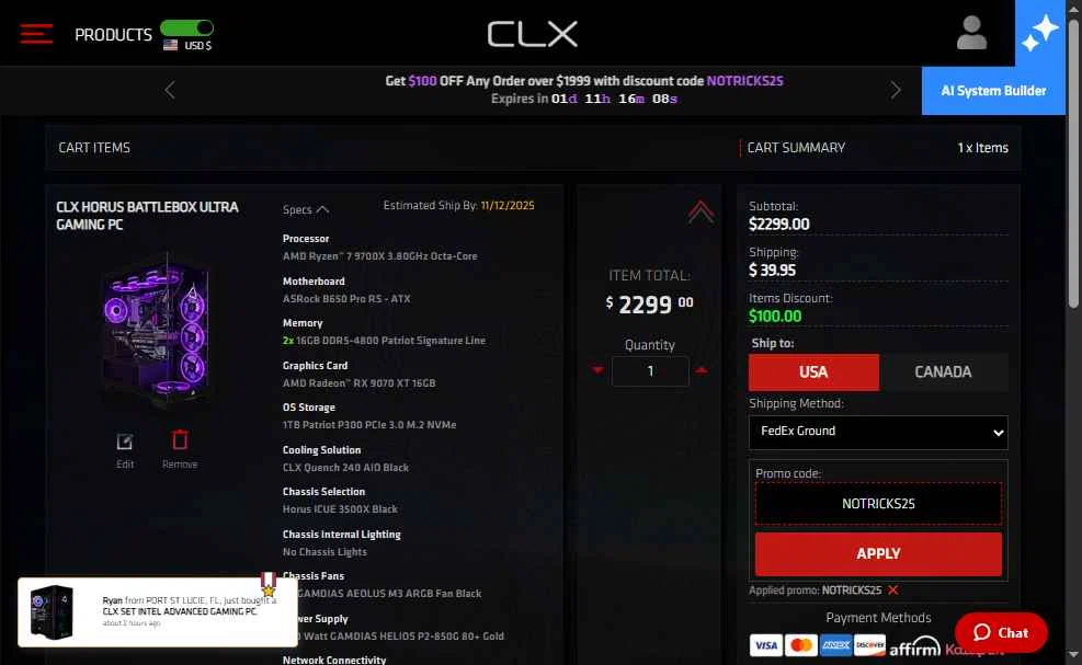 CLX Gaming checkout page showing CLX Gaming promo code box | Screenshot taken by SimplyCodes community member on Oct 30, 2025