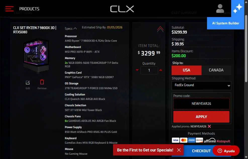 CLX Gaming checkout page showing CLX Gaming promo code box | Screenshot taken by SimplyCodes community member on Jan 1, 2026