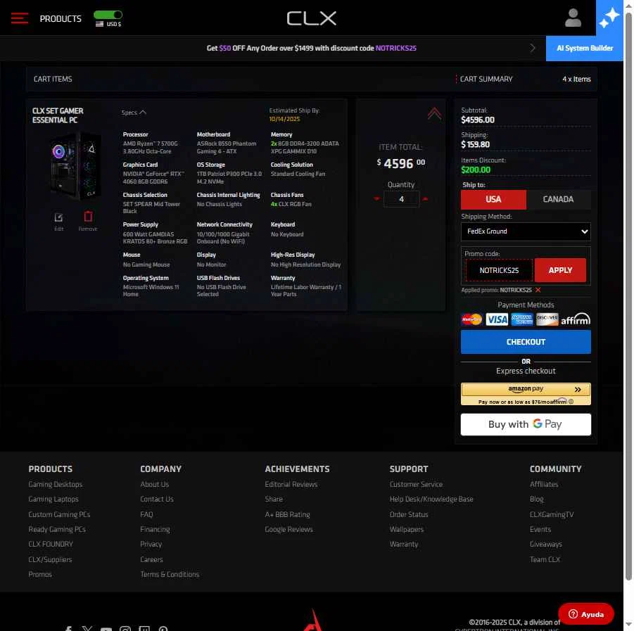 CLX Gaming checkout page showing CLX Gaming promo code box | Screenshot taken by SimplyCodes community member on Oct 1, 2025