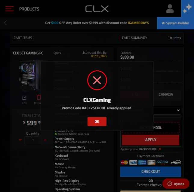 CLX Gaming checkout page showing CLX Gaming promo code box | Screenshot taken by SimplyCodes community member on Aug 27, 2025